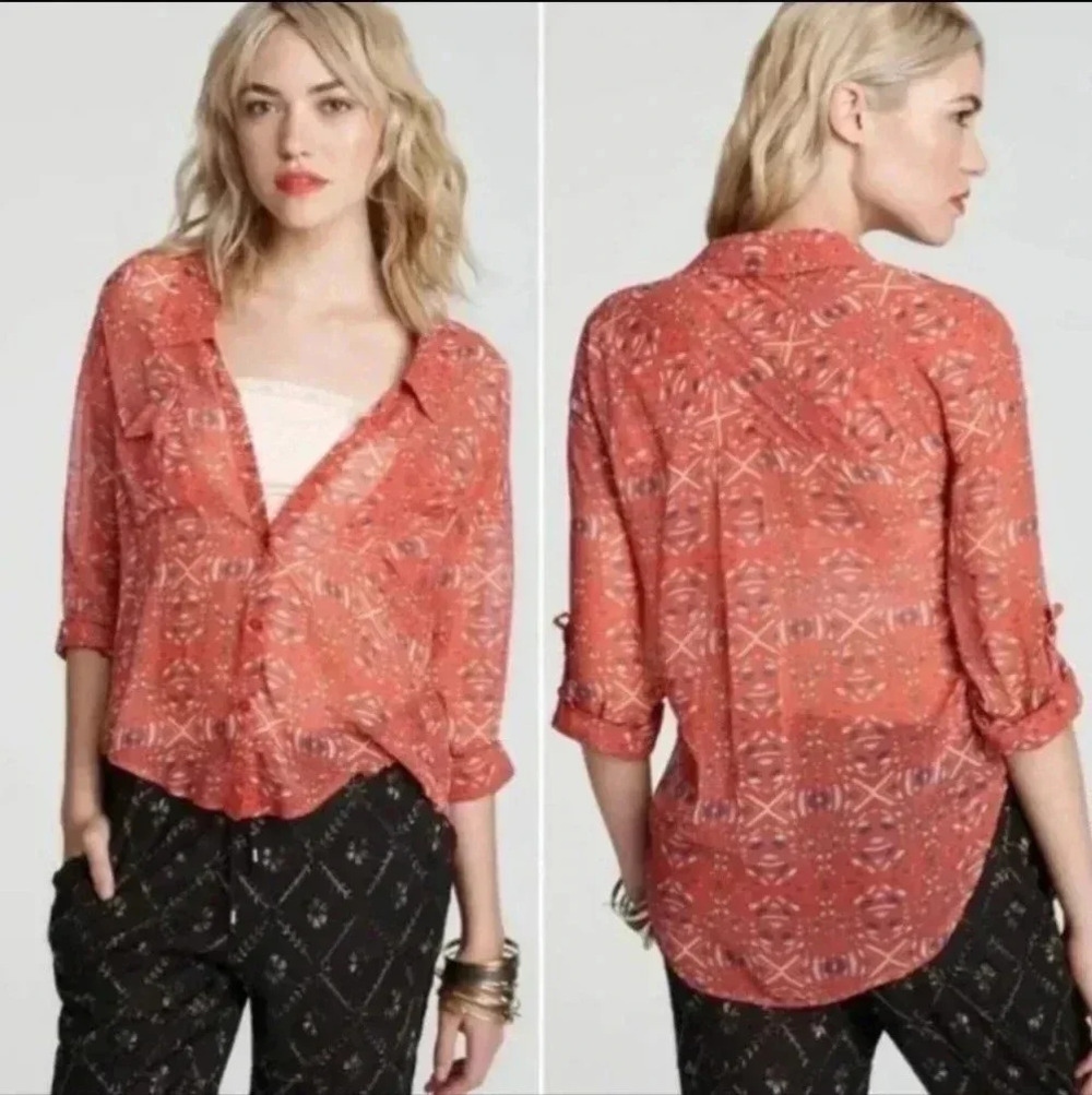 Free People Easy Rider Geometric Sheer Button Down Blouse(S)